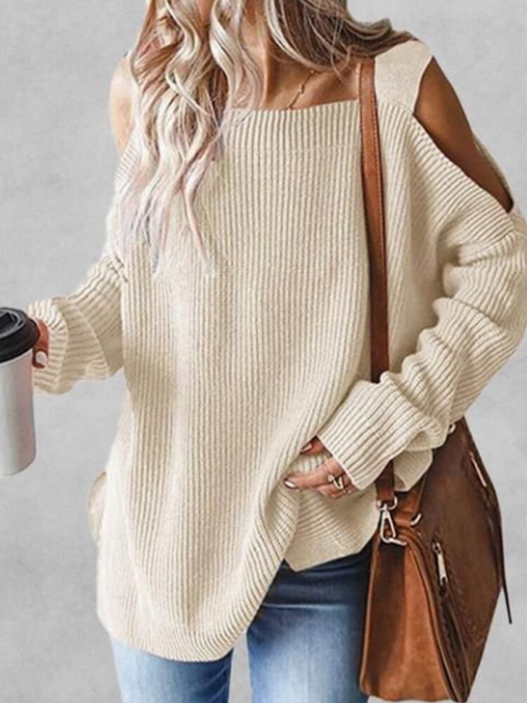 Open Shoulder Oversized Sweater For Woman Beige Casual Loose Waistcoat 2022 Autumn Winter Pullovers Top Outerwear