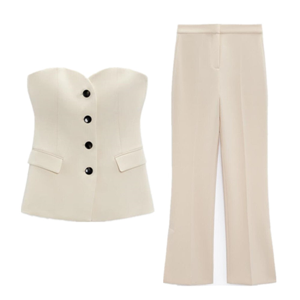 Elegant Temperament Button Flap Vest and High Waist and Slim Trousers Slit Straight Pants