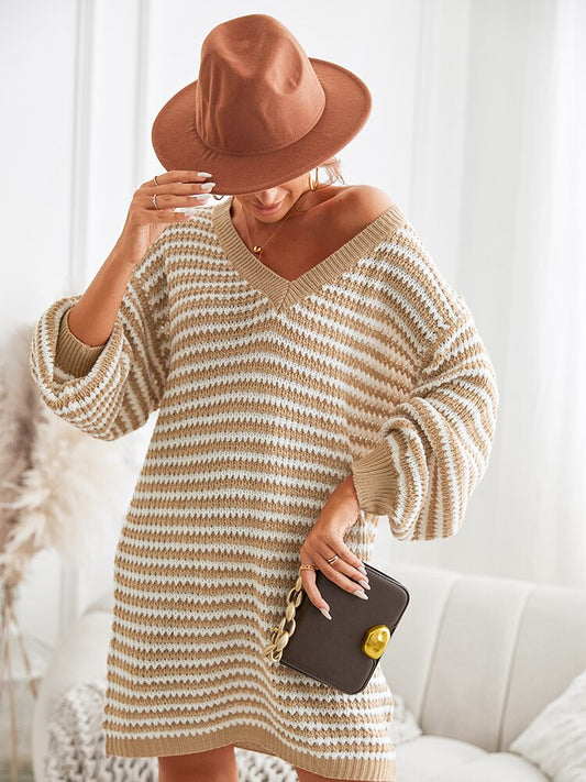 Khaki Striped Sweater Dress For Woman Sexy V-neck Long Sleeve Mini Dress 2022 Autumn Winter Loose Sweater Dress