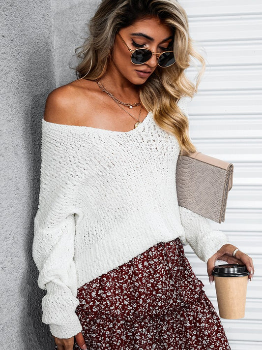 Crochet V-Neck Sweater For Woman White Casual Loose Waistcoat 2022 Autumn Winter Pullovers Top Outerwear