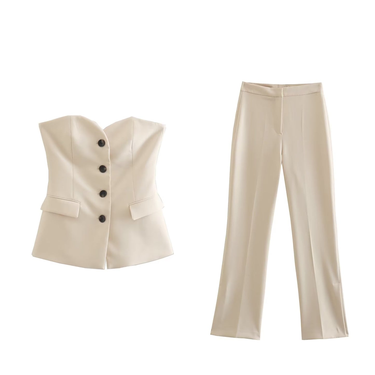 Elegant Temperament Button Flap Vest and High Waist and Slim Trousers Slit Straight Pants