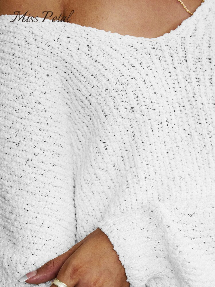 Crochet V-Neck Sweater For Woman White Casual Loose Waistcoat 2022 Autumn Winter Pullovers Top Outerwear