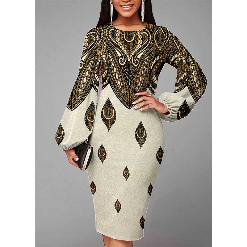 Office Round Neck Slim Puff Sleeve Floral Printing Dresses