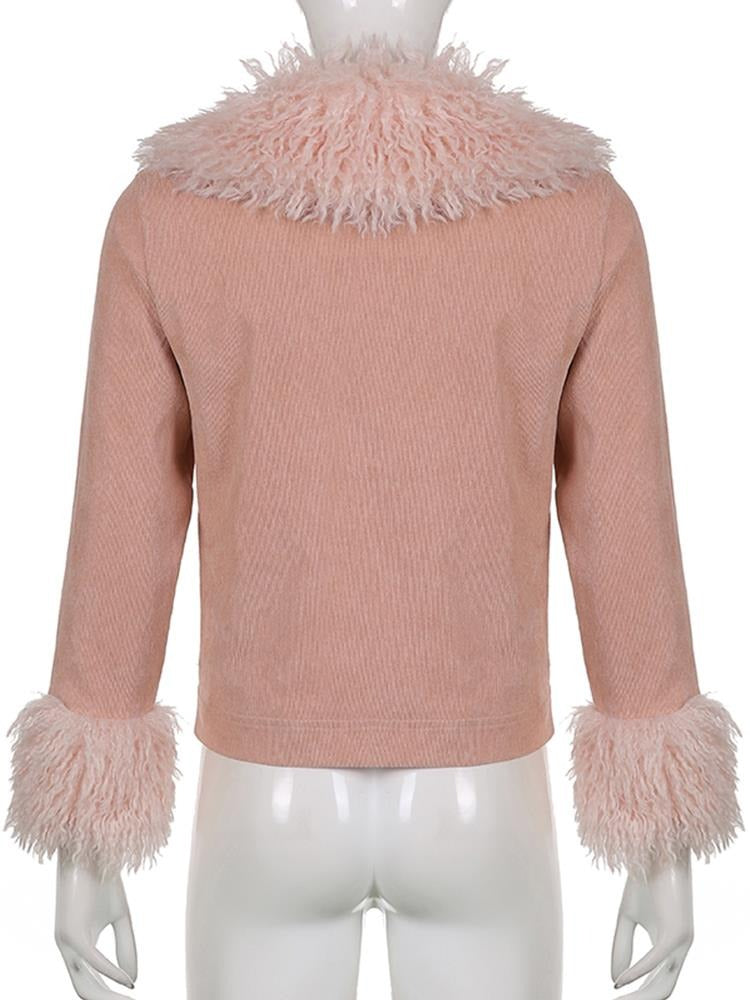 Solid Corduroy Fur Jacket Pink Outwear Single Breasted Short Coat Faux