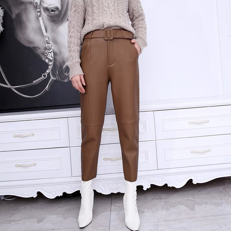 Leather Trousers in Korean Style and High Waist Pants - 100% Genuine Leather