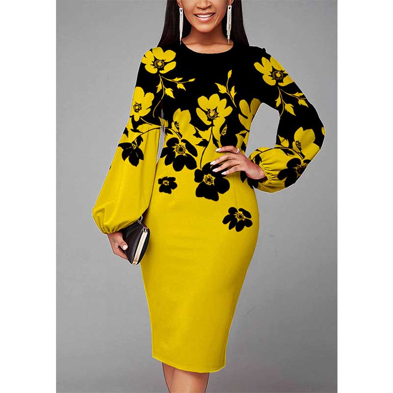 Office Round Neck Slim Puff Sleeve Floral Printing Dresses