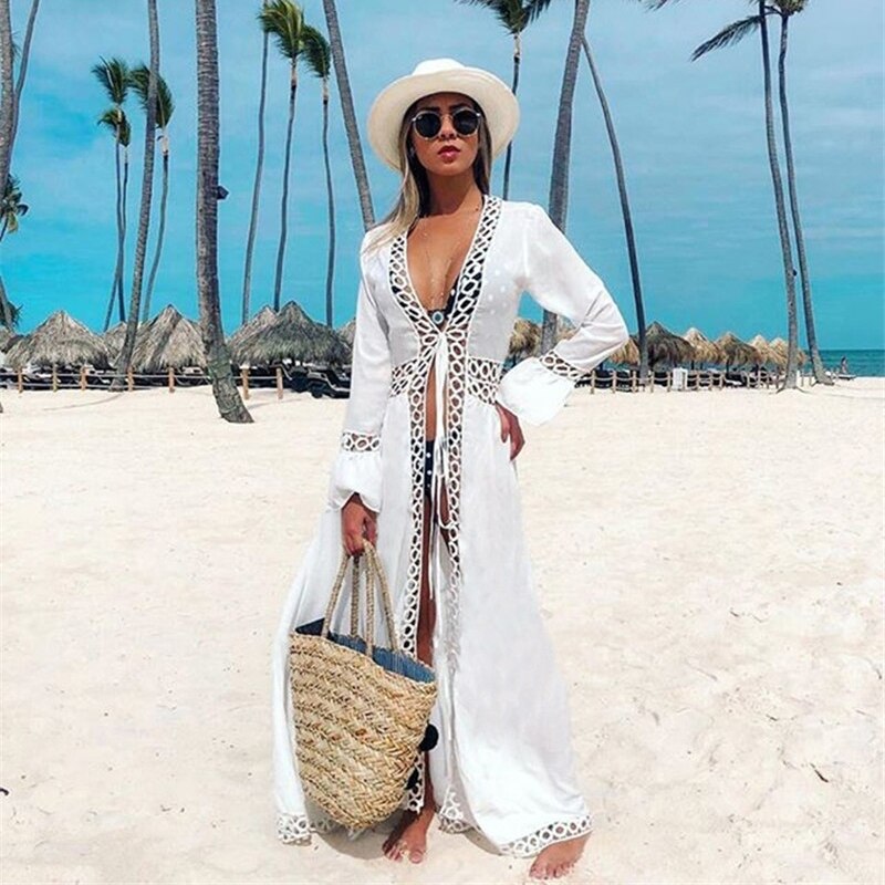 2022 Sexy Beach Cover Up Maiô Branco Renda Borlas Vestido de Praia Feminino Biquíni Roupa de Banho Fato de Banho Verão Roupa de Praia Túnica