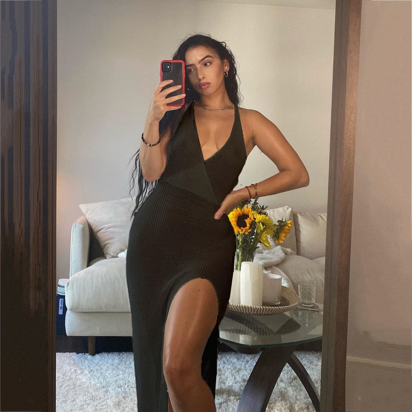 New Beach Dress Women Hollow Out Backless Cover Up Knitted Dresses Summer See Through Side Split Sexy Dress