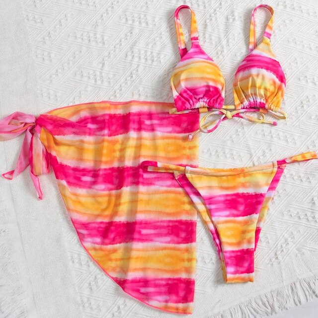 Three 3 Pieces Bikini Set With Skirt  Tie Dye Micro Thong