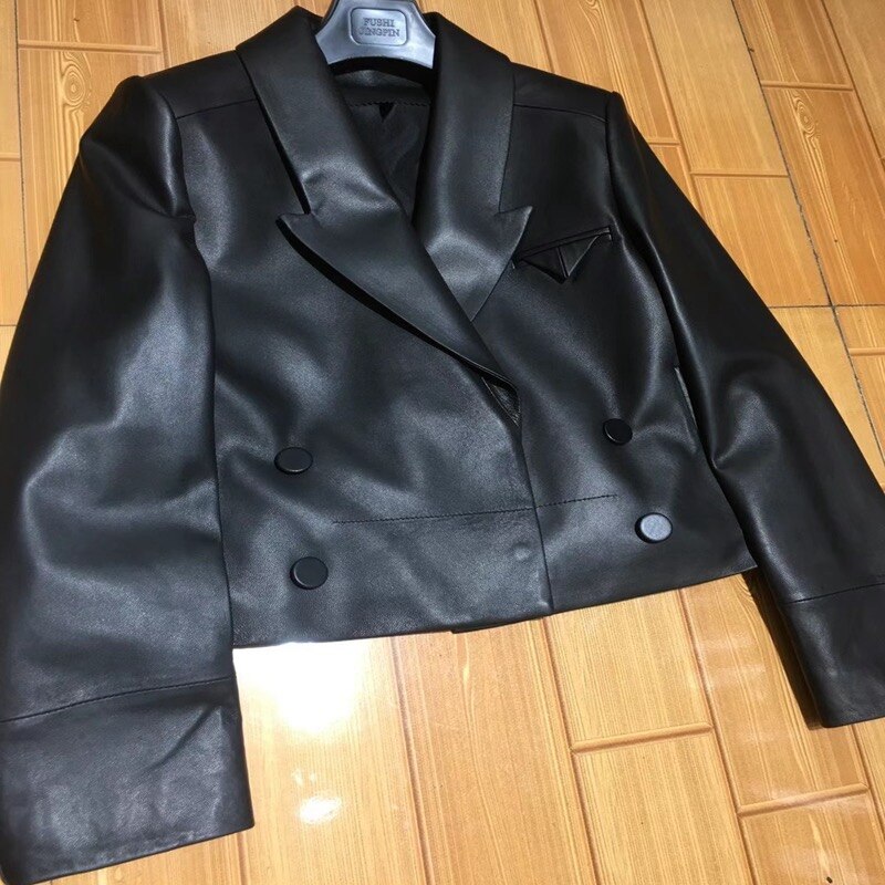 Leather Jacket Sheepskin Coat Double-breasted  - 100% Genuine Leather