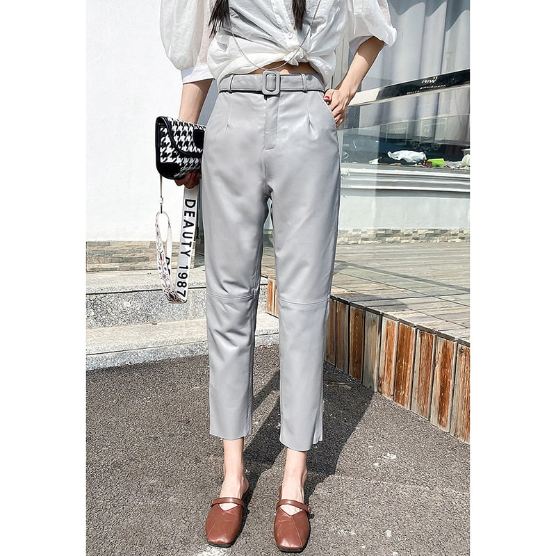 Leather Trousers in Korean Style and High Waist Pants - 100% Genuine Leather