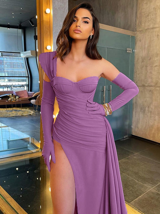 Solid One Shoulder Strap Maxi Dress With Gloves Ruched Side Slit Bodycon