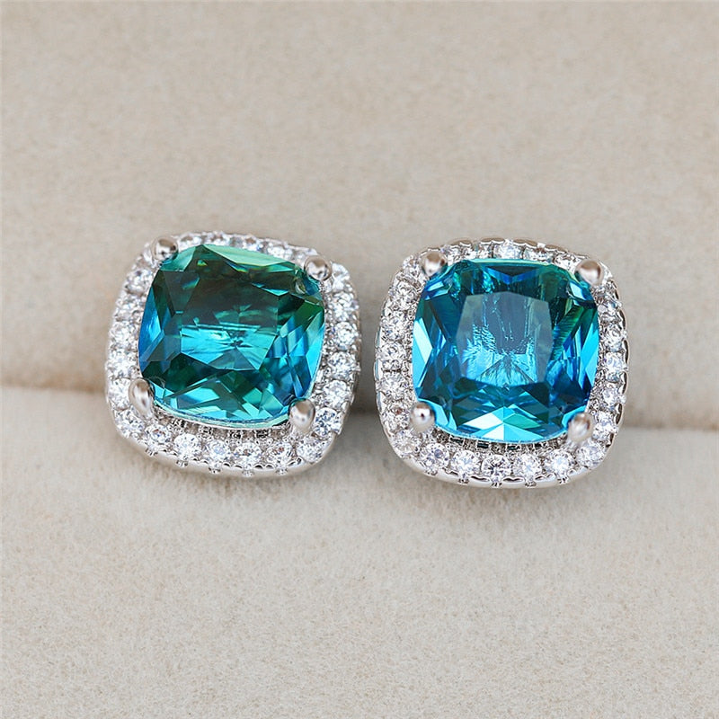 Luxury Square Blue Stone Earrings with Cute Zircon in Silver Color