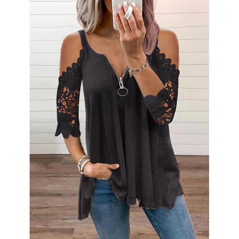 Off Shoulder Lace Patchwork V Neck Zipper Casual Elegant Tunic T-shirt Fashion Ladies Tops