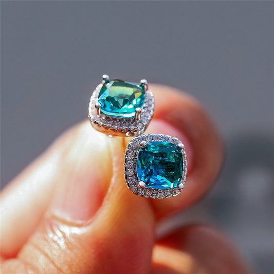 Luxury Square Blue Stone Earrings with Cute Zircon in Silver Color