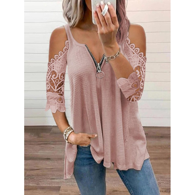 Off Shoulder Lace Patchwork V Neck Zipper Casual Elegant Tunic T-shirt Fashion Ladies Tops