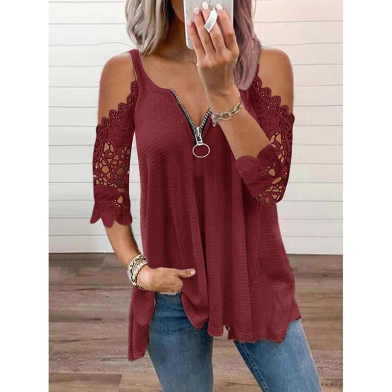 Off Shoulder Lace Patchwork V Neck Zipper Casual Elegant Tunic T-shirt Fashion Ladies Tops