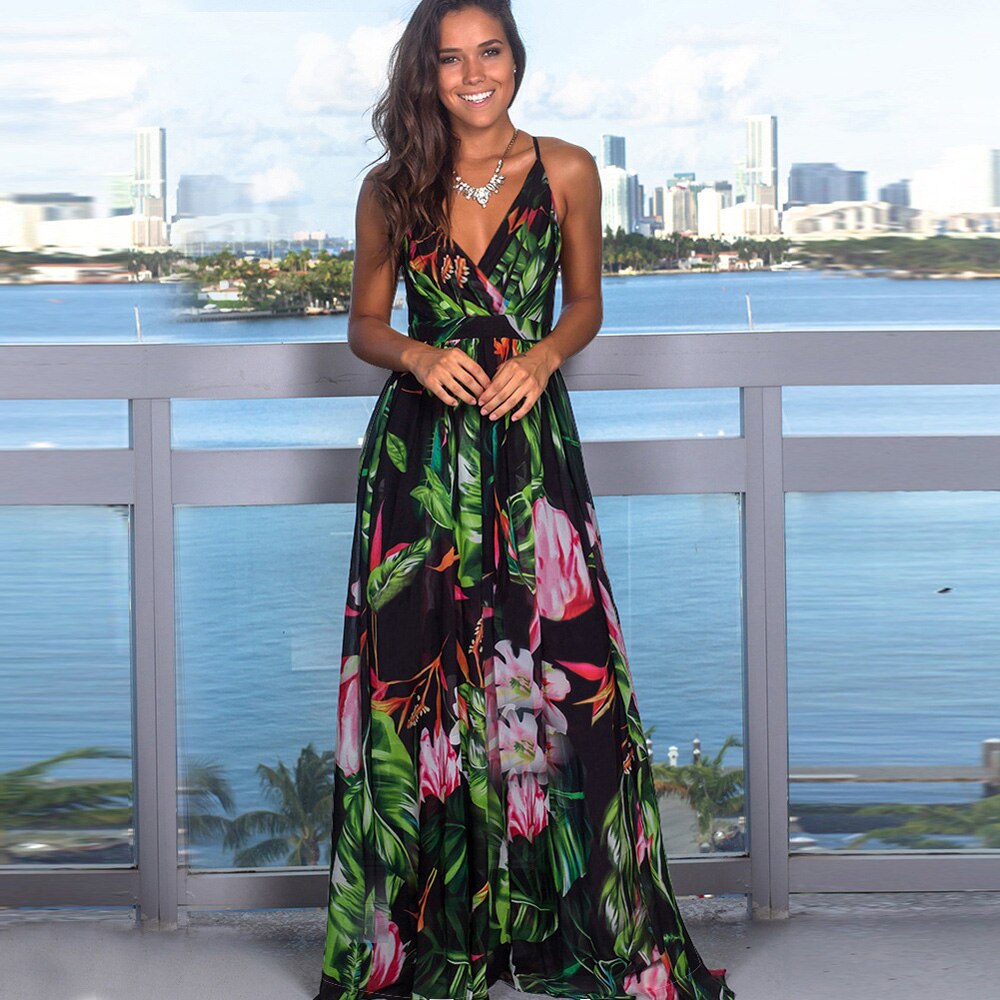 Long Floral Satin Dresses with Green V Neck Sleeveless