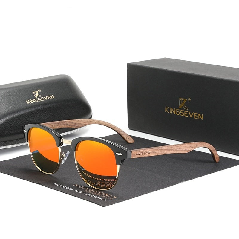 KINGSEVEN Handmade 2022 Black Walnut Wooden Sunglasses Polarized UV400 Protection Semi-Rimless Retro Eyewear