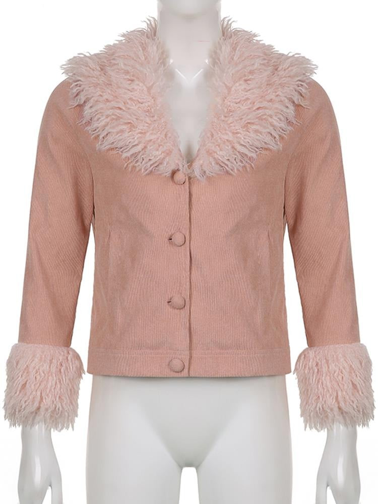 Solid Corduroy Fur Jacket Pink Outwear Single Breasted Short Coat Faux