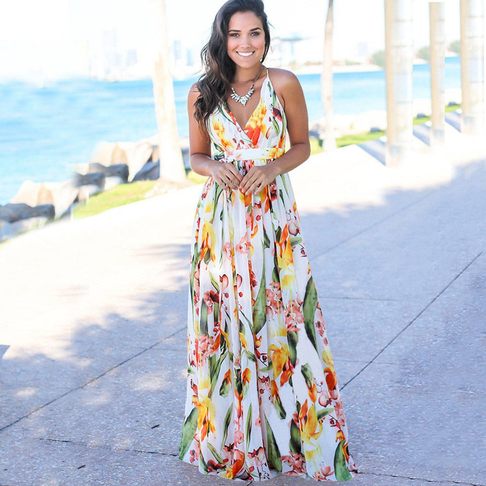 Long Floral Satin Dresses with Green V Neck Sleeveless