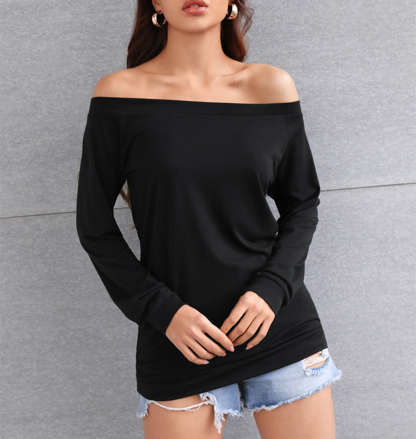 Solid Tops Tee Shirts with Slash Neck and Off Shoulder Long Sleeve