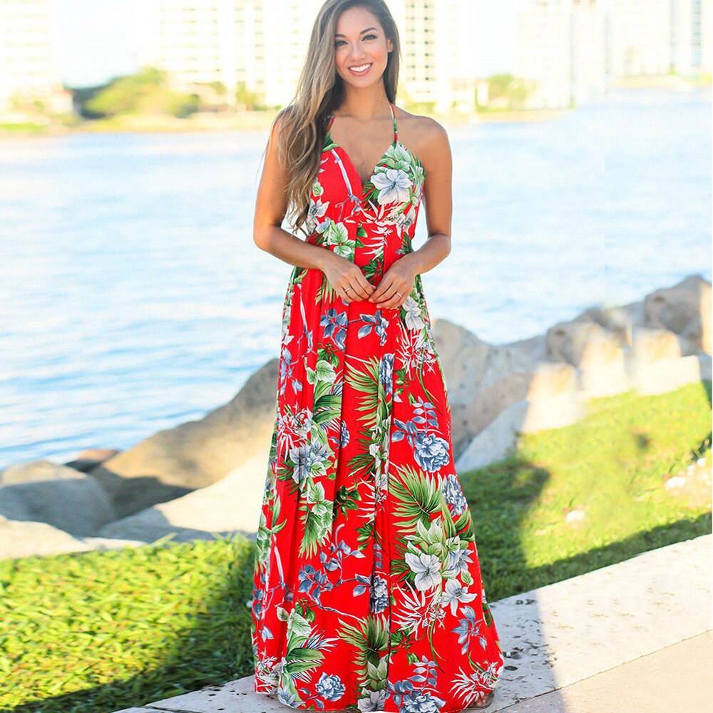 Vestidos longos florais de cetim com decote em V verde sem mangas