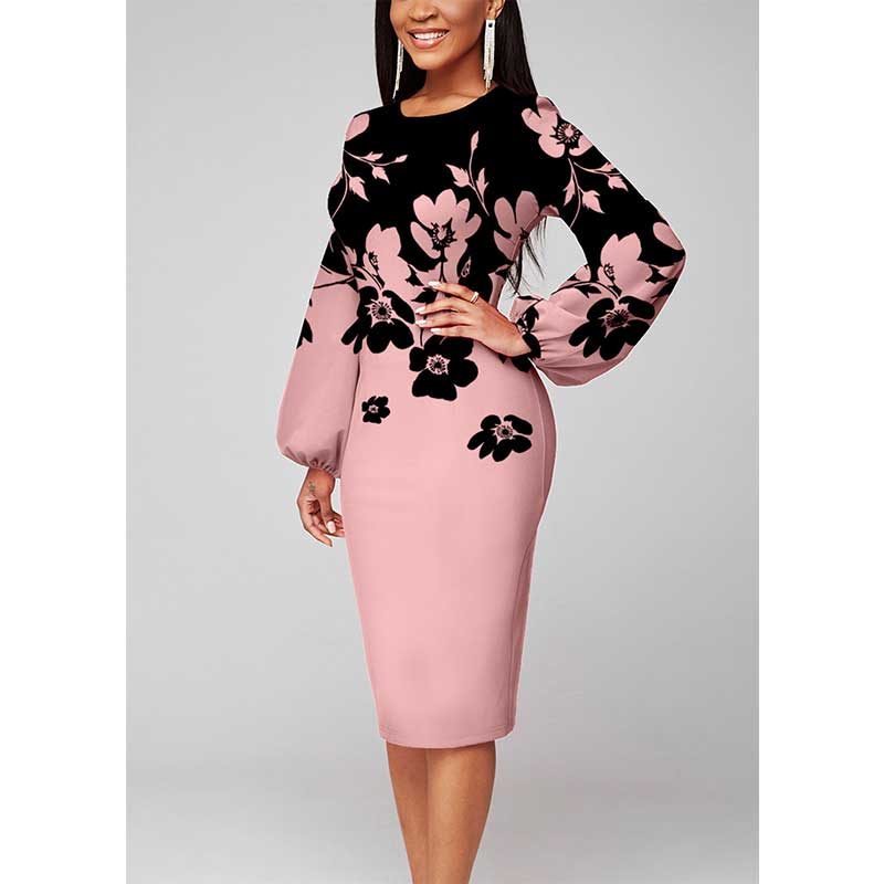 Office Round Neck Slim Puff Sleeve Floral Printing Dresses