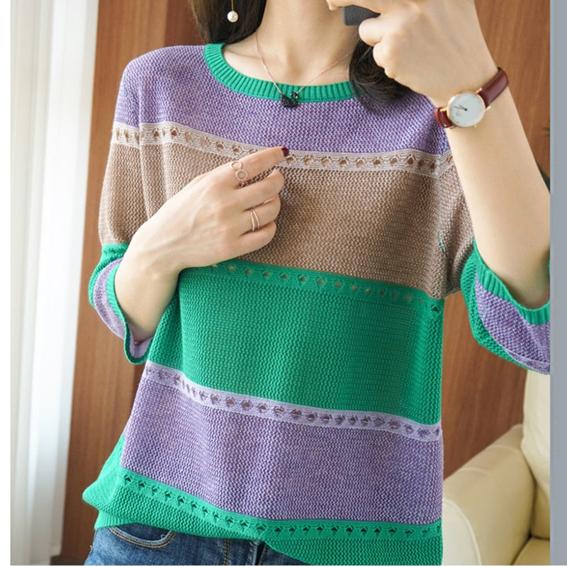 Summer Women Knitted Short Sleeve 2022 Thin Sweater Female Hollow Out Turtleneck Pullover Ladies