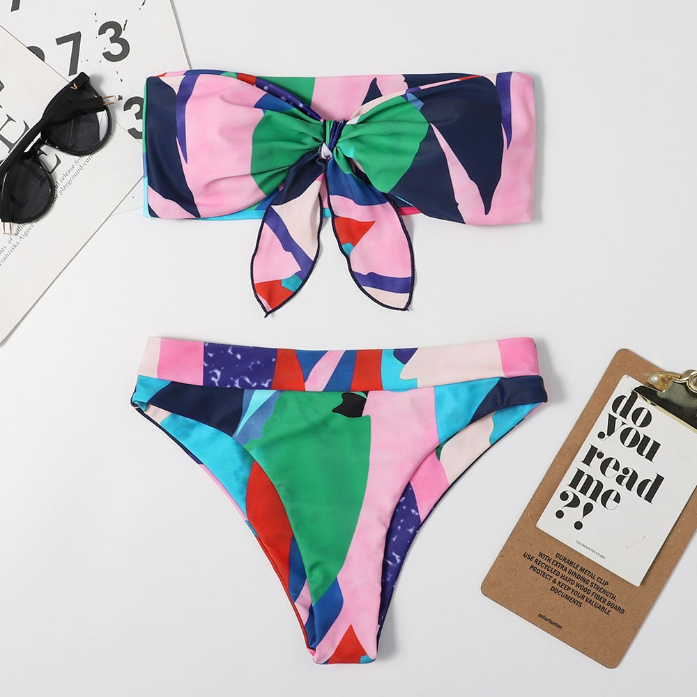 Conjunto de biquíni bandeau biquíni cintura alta estampado push up