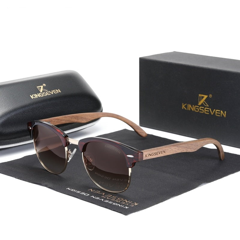 KINGSEVEN Handmade 2022 Black Walnut Wooden Sunglasses Polarized UV400 Protection Semi-Rimless Retro Eyewear