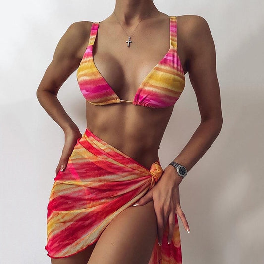 Three 3 Pieces Bikini Set With Skirt  Tie Dye Micro Thong