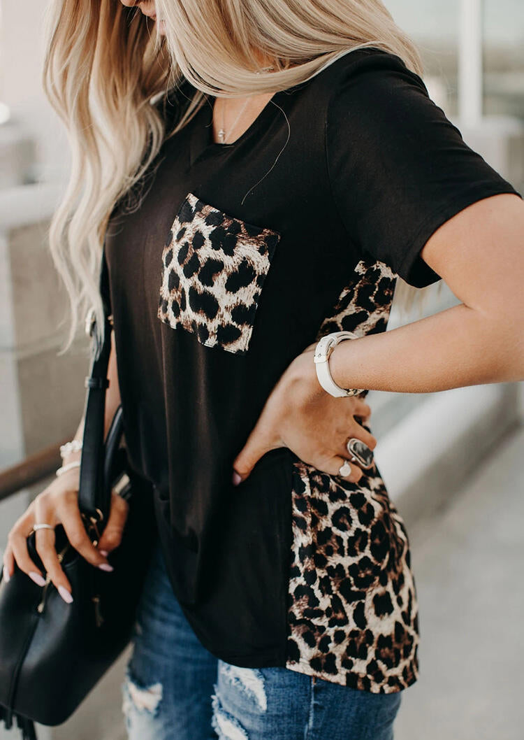 Gorgeous V-neck T-shirt with Leopard Pocket Tee Women with Short Sleeve