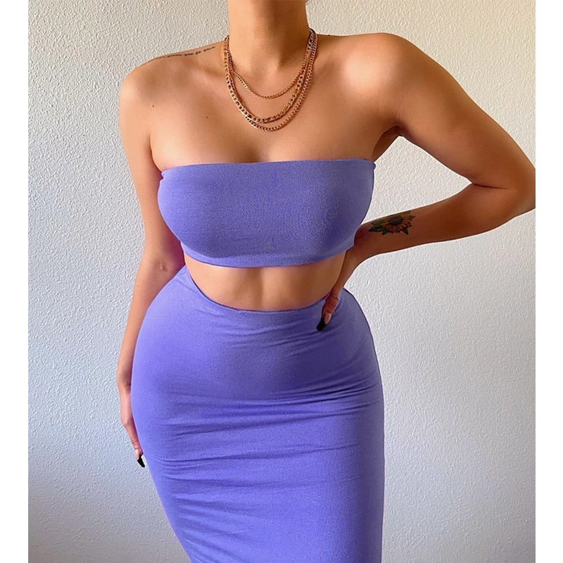 Solid Sexy Two Pieces Dress Set Tube Crop Top Bodycon