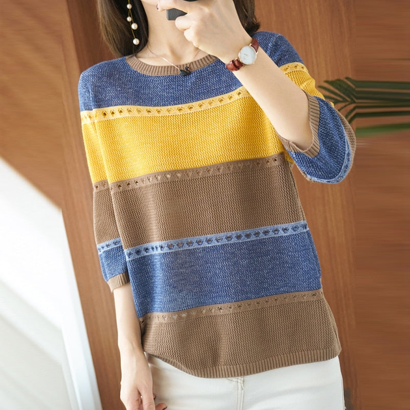 Summer Women Knitted Short Sleeve 2022 Thin Sweater Female Hollow Out Turtleneck Pullover Ladies