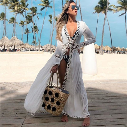 2022 Sexy Beach Cover Up Maiô Branco Renda Borlas Vestido de Praia Feminino Biquíni Roupa de Banho Fato de Banho Verão Roupa de Praia Túnica