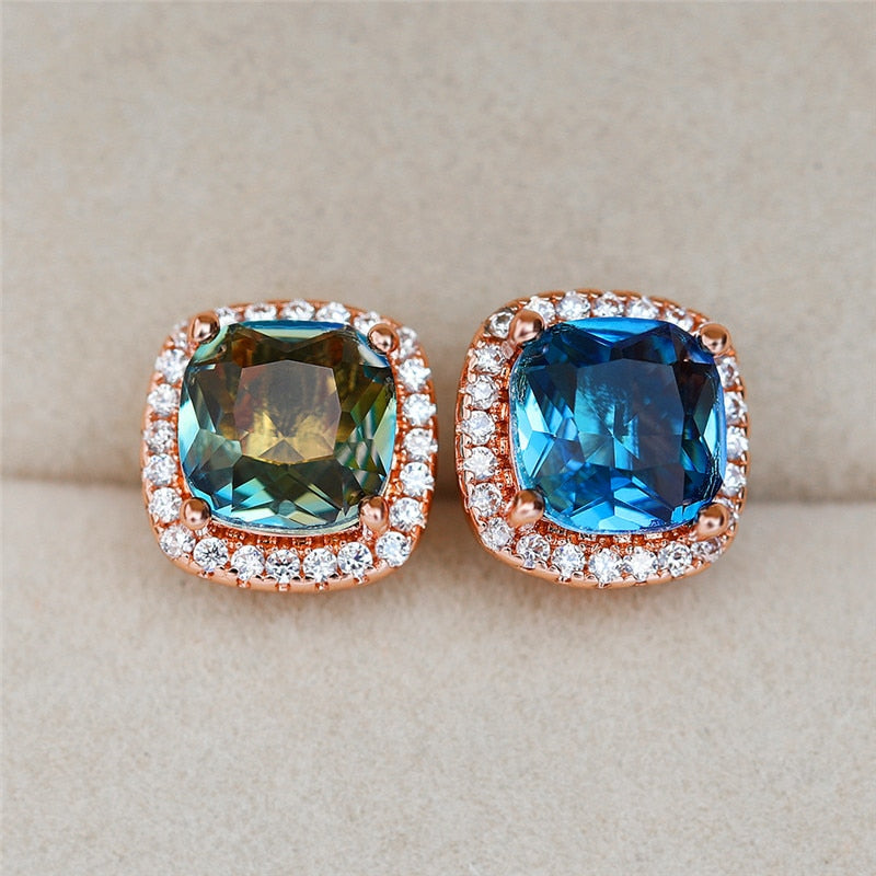 Luxury Square Blue Stone Earrings with Cute Zircon in Silver Color