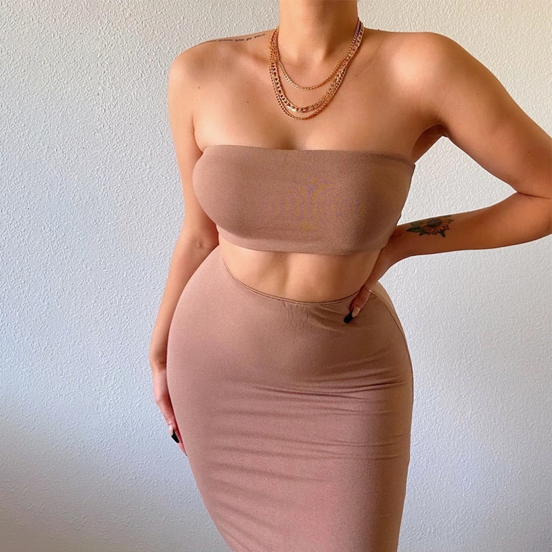 Solid Sexy Two Pieces Dress Set Tube Crop Top Bodycon