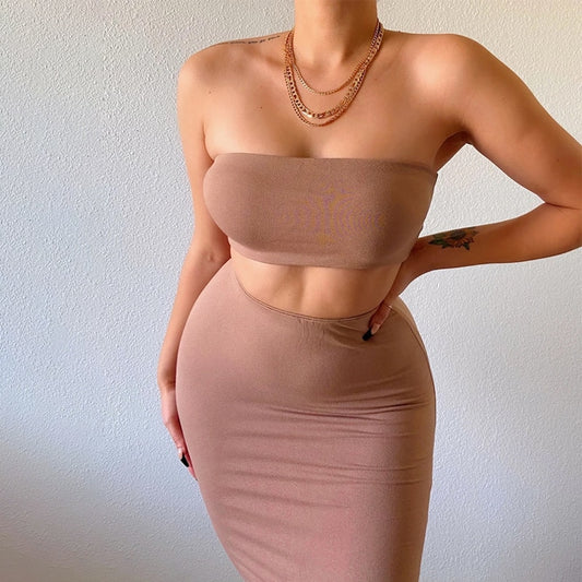 Conjunto de vestido de duas peças sólido sexy tubinho cropped bodycon