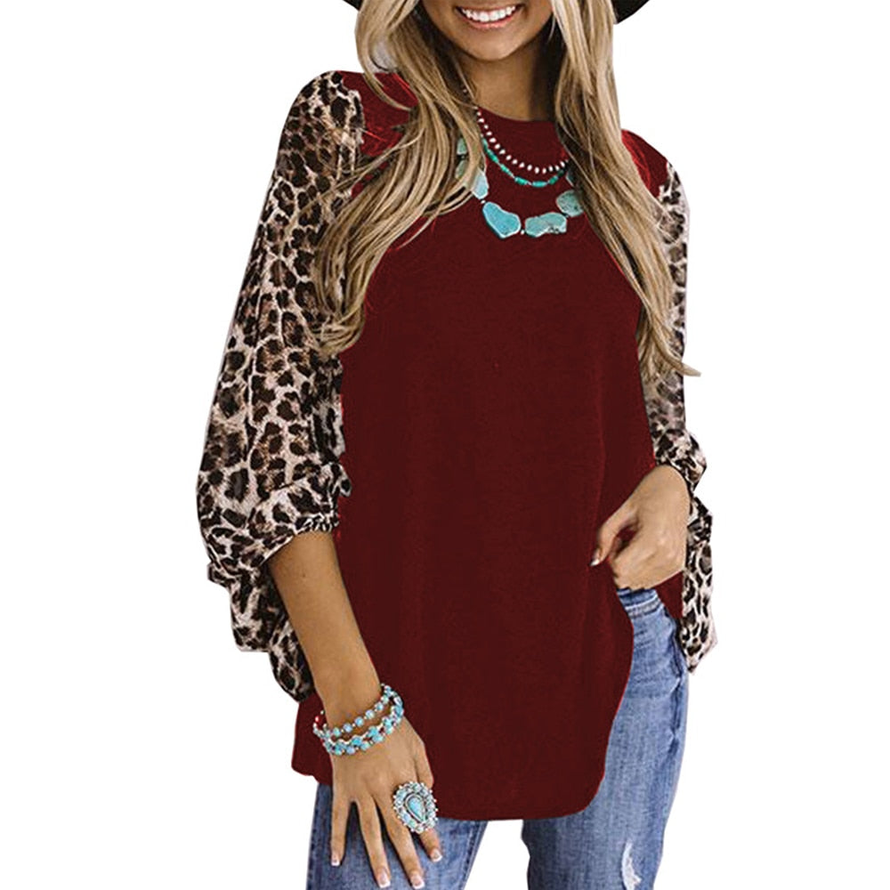 Elegant Top with Leopard Print and Long Sleeve Patchwork Fashion O- Neck Blouses Shirts