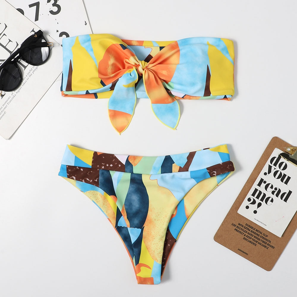 Conjunto de biquíni bandeau biquíni cintura alta estampado push up