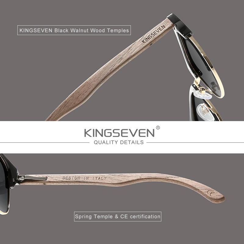 KINGSEVEN Handmade 2022 Black Walnut Wooden Sunglasses Polarized UV400 Protection Semi-Rimless Retro Eyewear