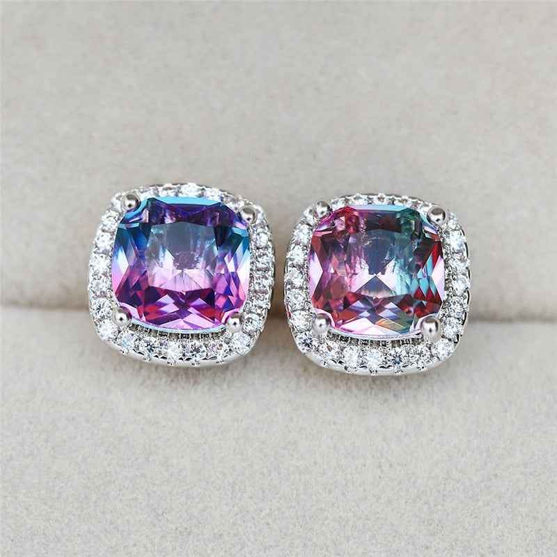 Luxury Square Blue Stone Earrings with Cute Zircon in Silver Color