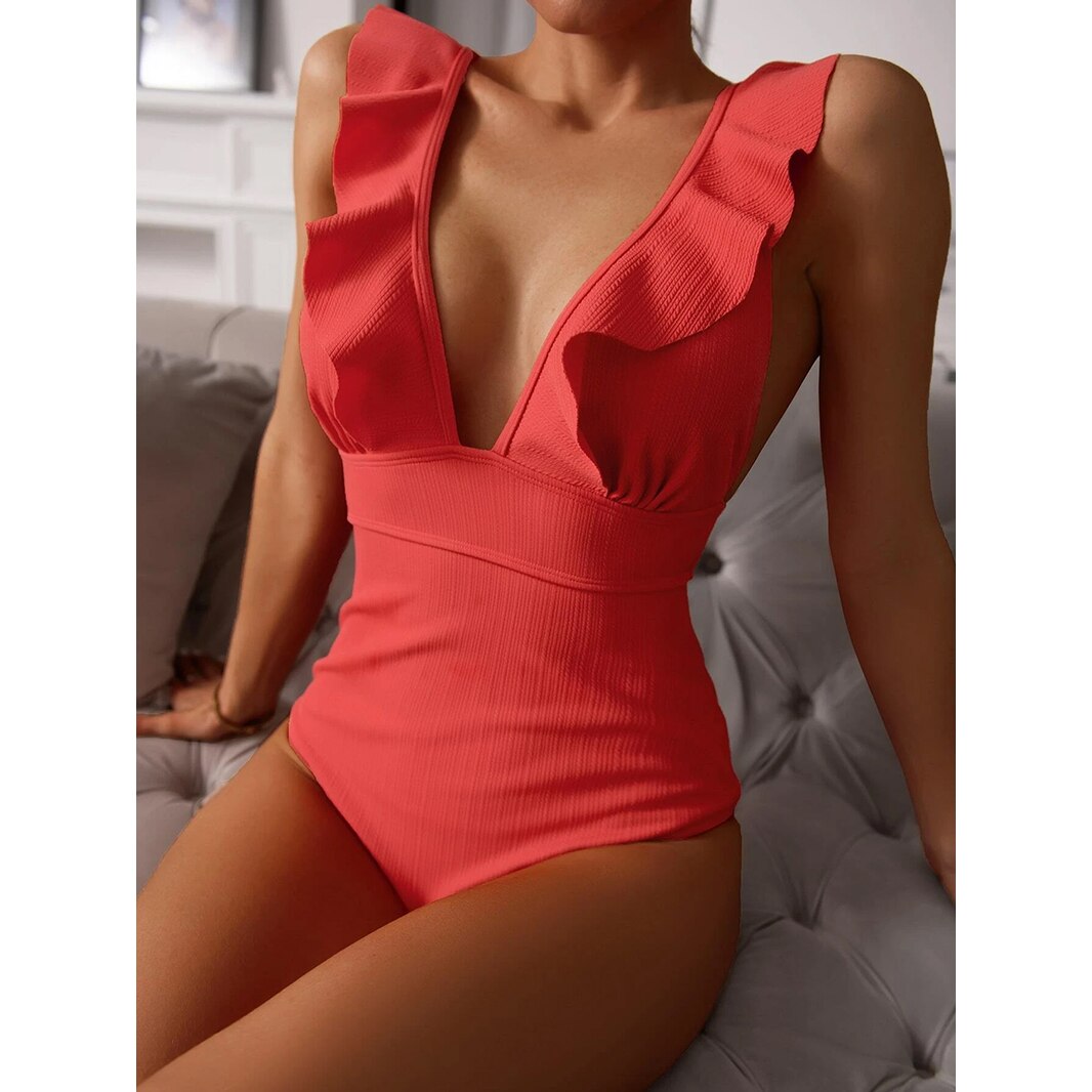 Ashgaily 2022 Ruffle One Piece Swimwear Women Patchwork V Neck Swimsuit Tummy Control Bathing Suit Summer Monokini Female