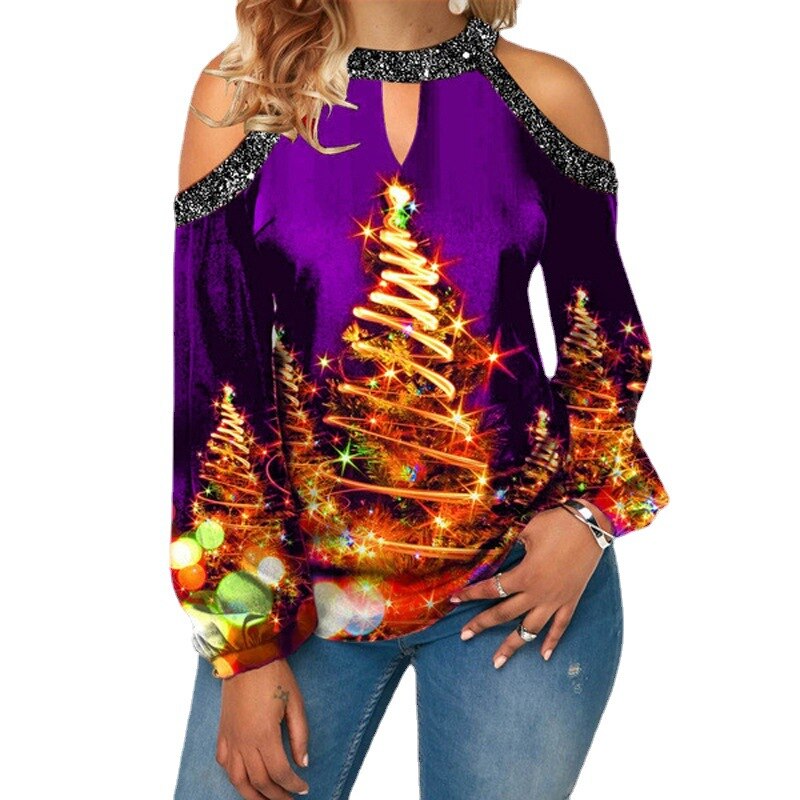 Christmas Party T Shirt Long Sleeve Off Shoulder Red Tops