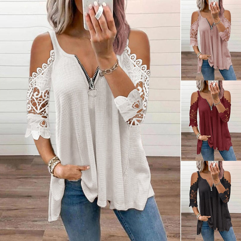 Off Shoulder Lace Patchwork V Neck Zipper Casual Elegant Tunic T-shirt Fashion Ladies Tops