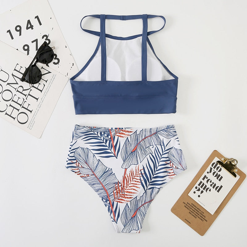 High Waist Bikini with High Neck Swimsuit Printed Swimwear