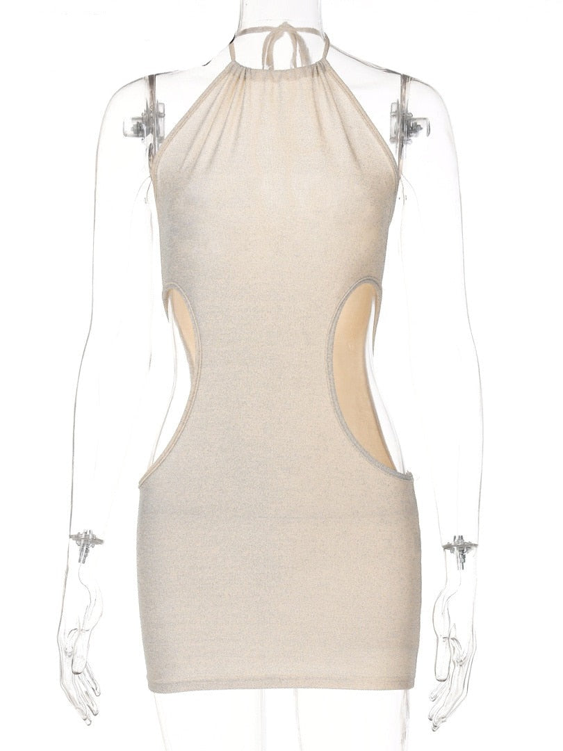 Vestido Sexy Brilhante Brilhante com Lace Up Hollow Out Halter Bodycon