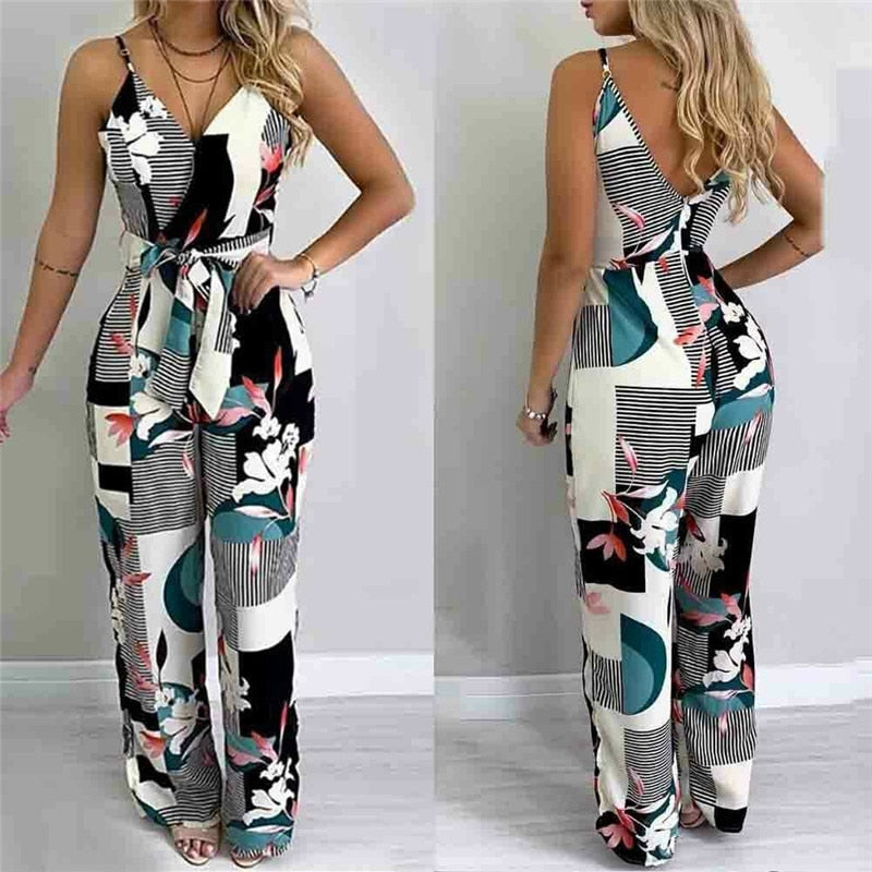 Long Playsuit Fashion Floral Printed Sleeveless Backless