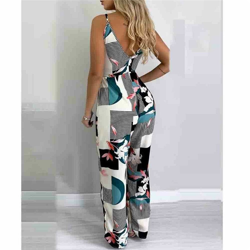 Long Playsuit Fashion Floral Printed Sleeveless Backless